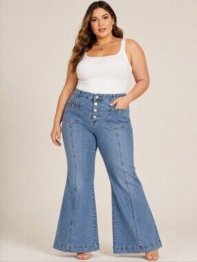 Cryscratia XXL Blue Denim High Rise Button Front Flare Jeans Retro Y2K